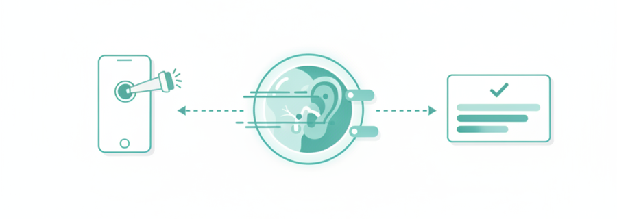 Capture an otoscope image, AI analyzes it, clinician reviews a classified report